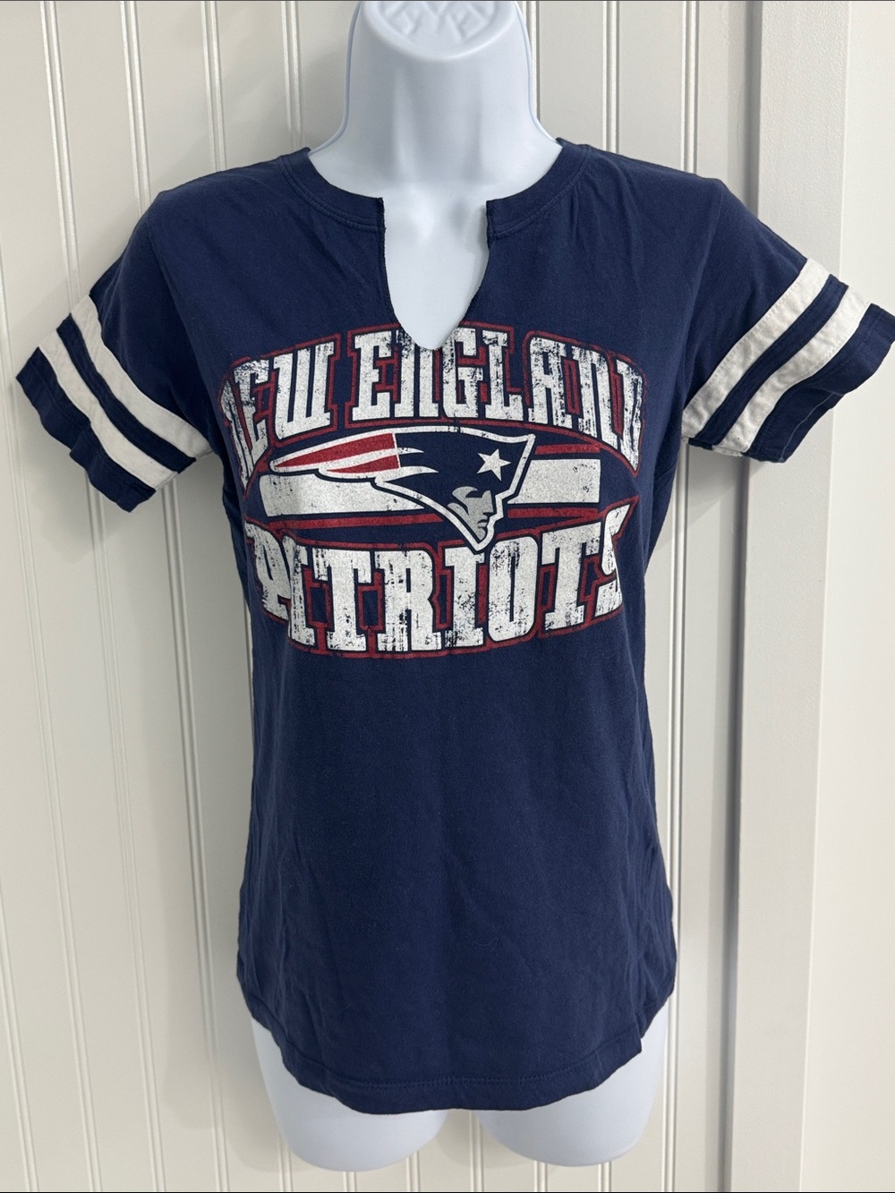 NFL Womens' Navy New England Patriots Tee with White Stripe Sleeves